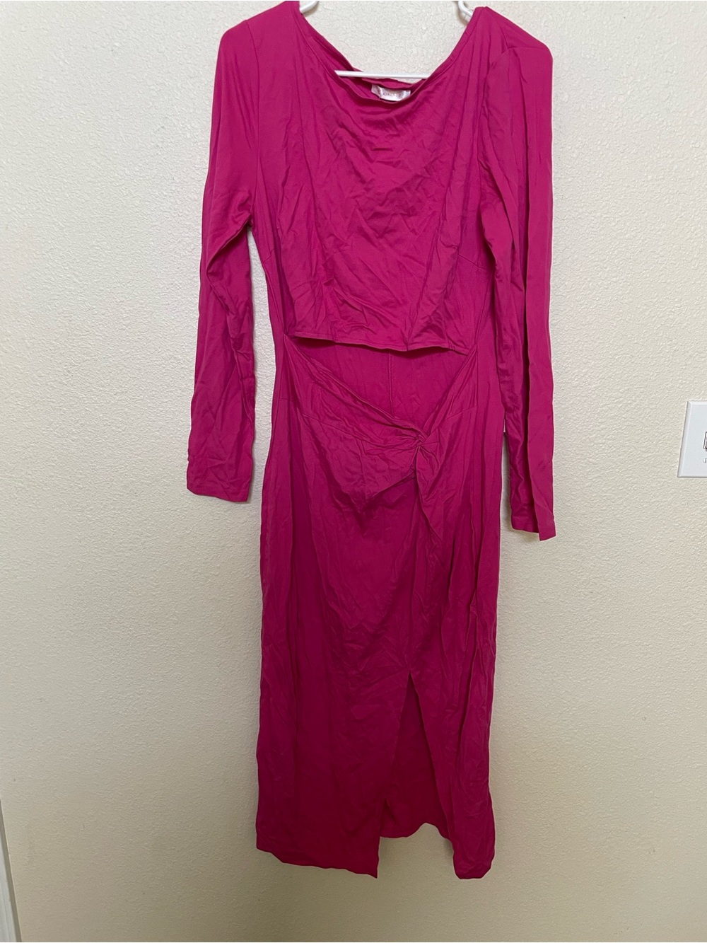 Long-Sleeve Magenta Twist-Front Midi Dress